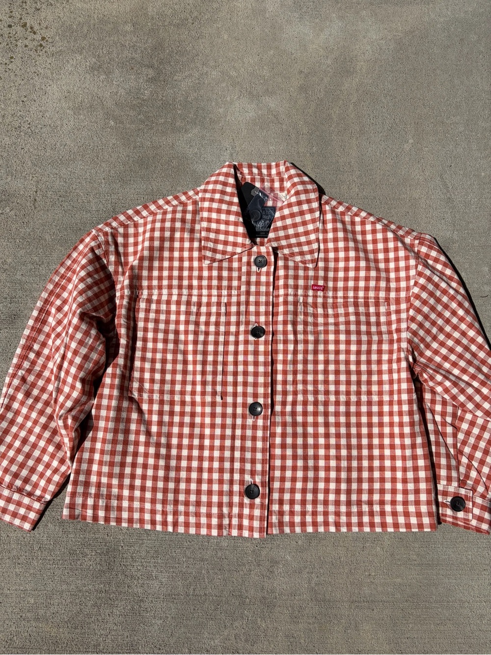 Levi’s Cara cotton prep jacket Jean jacket chore coat checkered orange white NWT - Picture 6 of 9